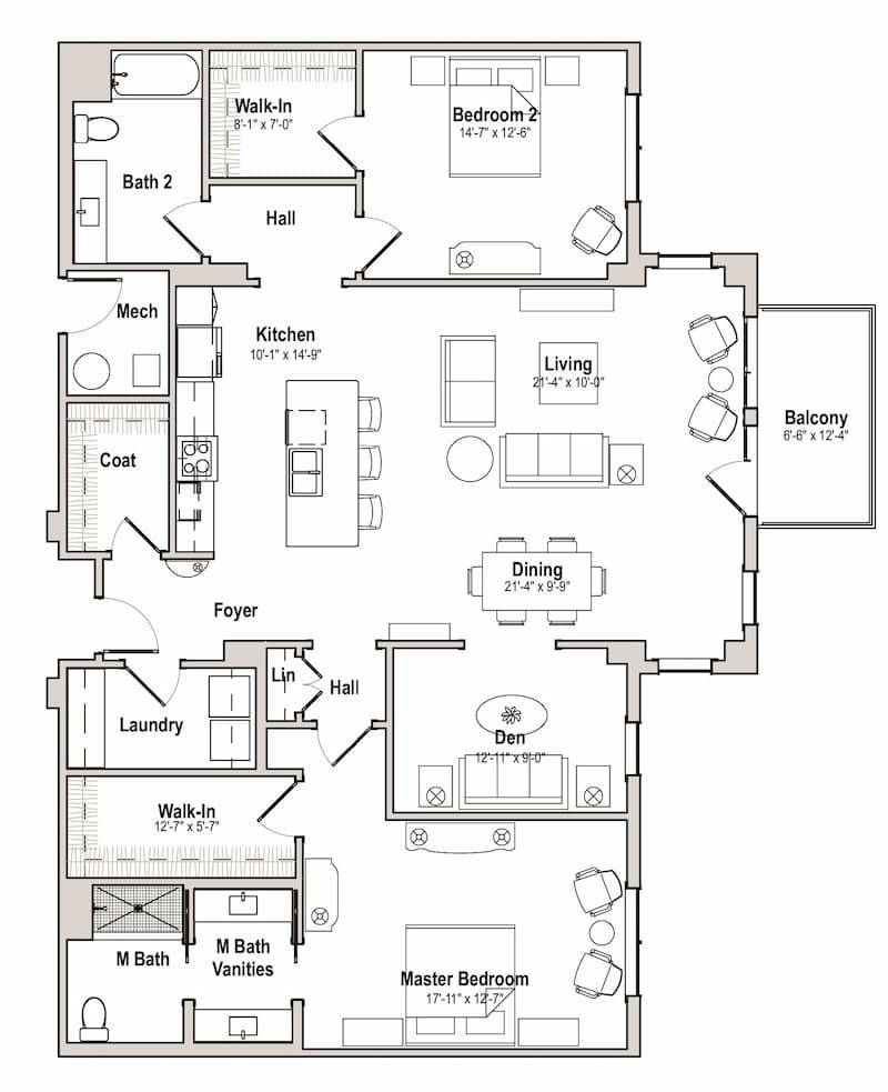 Hawthorn 2 bedroom floor plan with den