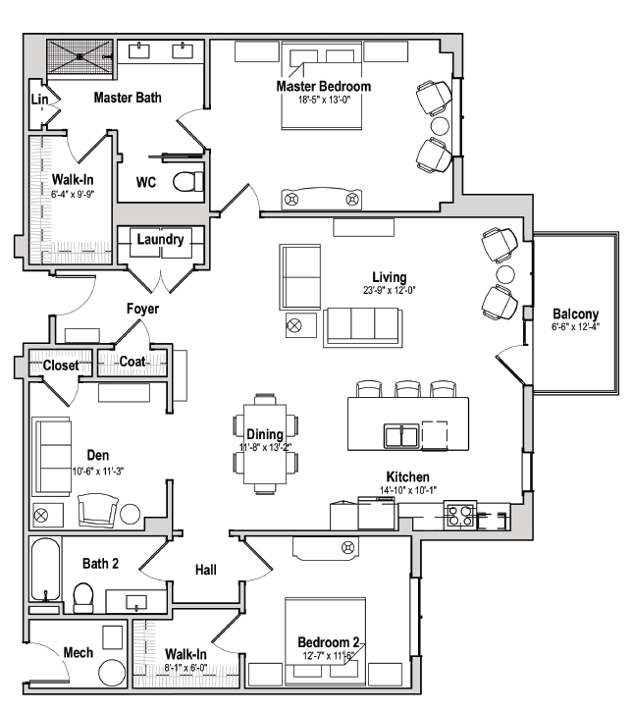 Birch 2 bedroom floor plan with den