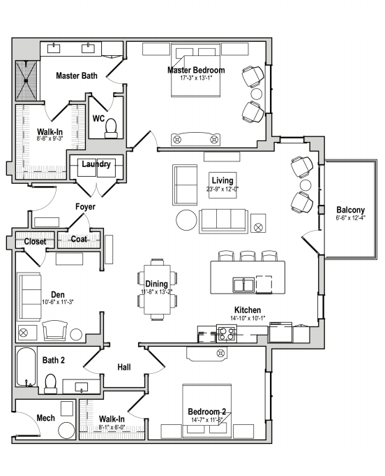 Dogwood 2 bedroom floor plan with den