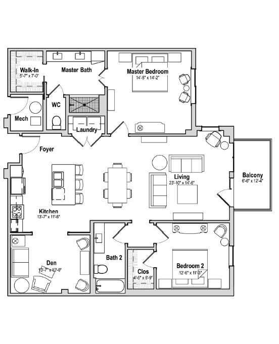 Ivy 2 bedroom floor plan with den