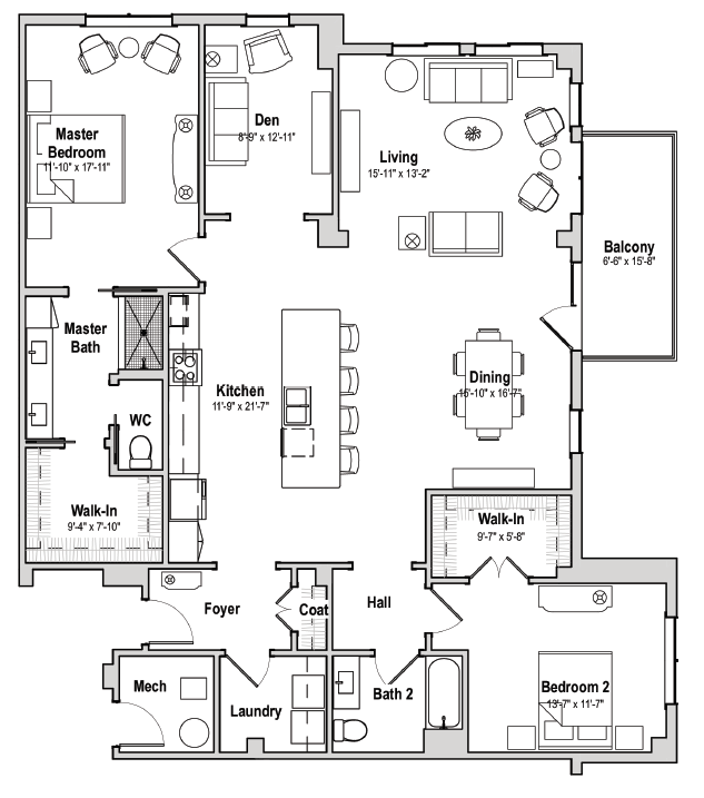 Leyland 2 bedroom floor plan with den